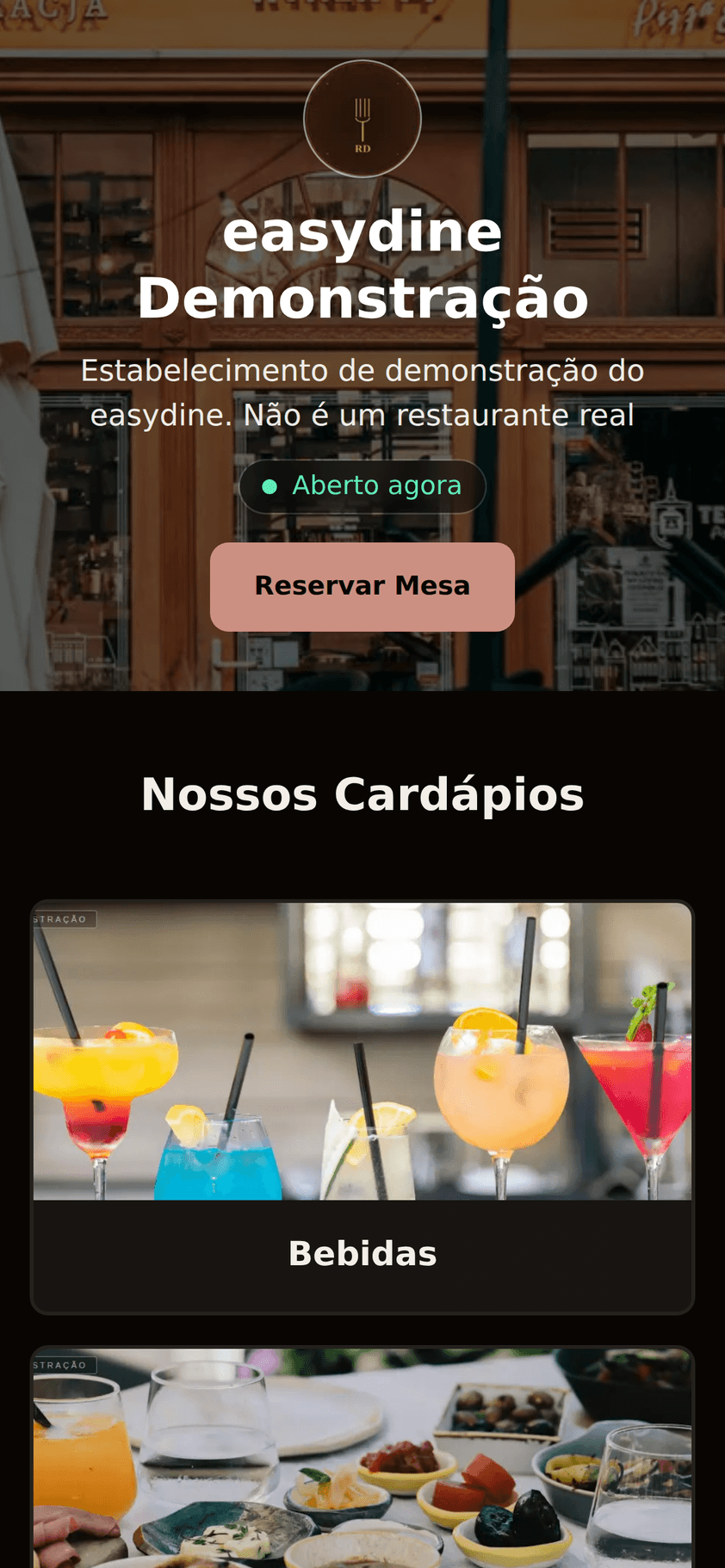 Loja online da easydine aberta no celular, com logo, banner, aviso "Aberto agora" e botão de reservar mesa