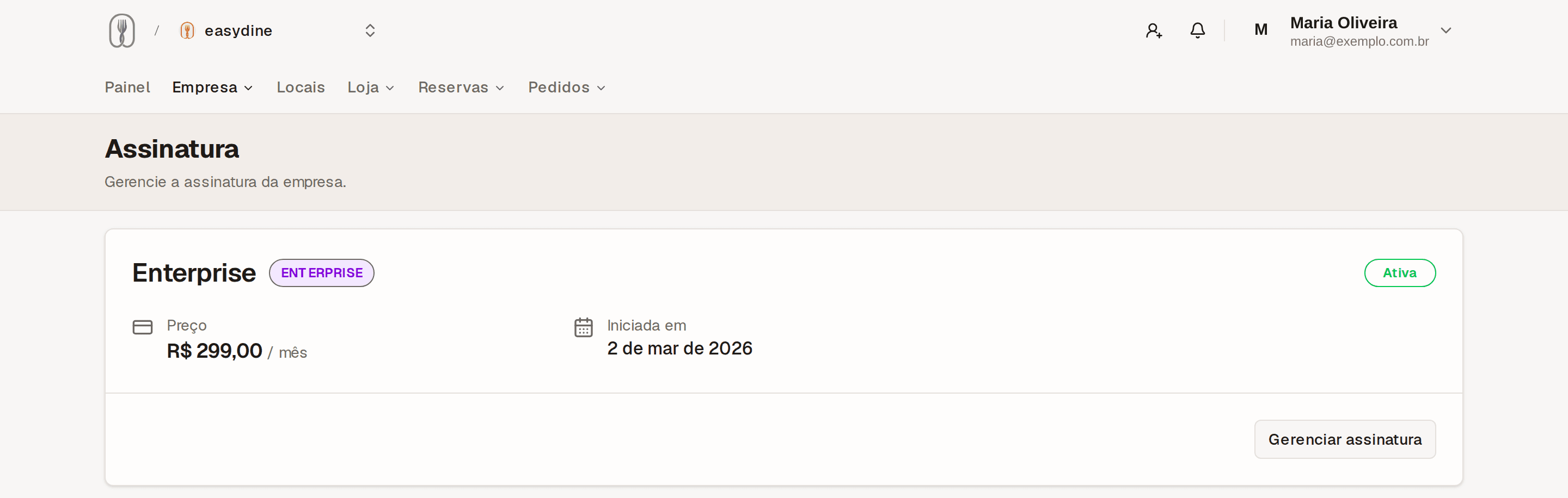 Página Empresa → Assinatura mostrando o plano atual