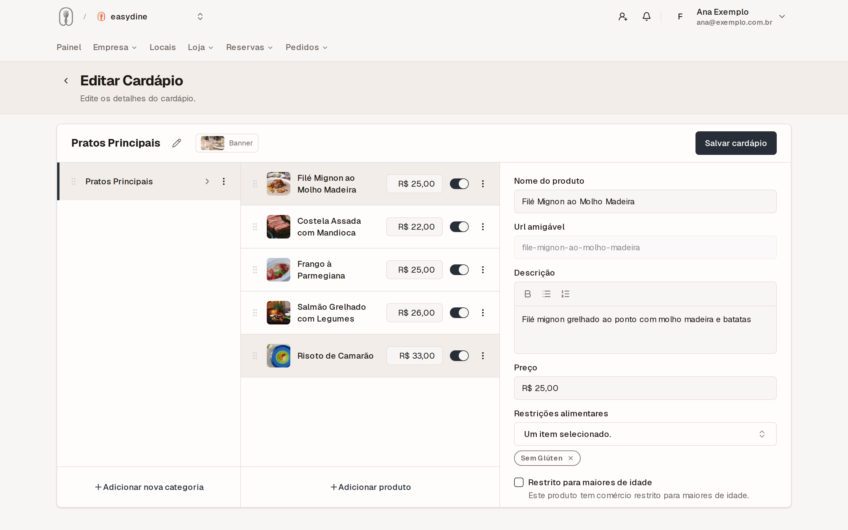 Edição de cardápio no painel com a lista de itens e as alças para arrastar e reordenar