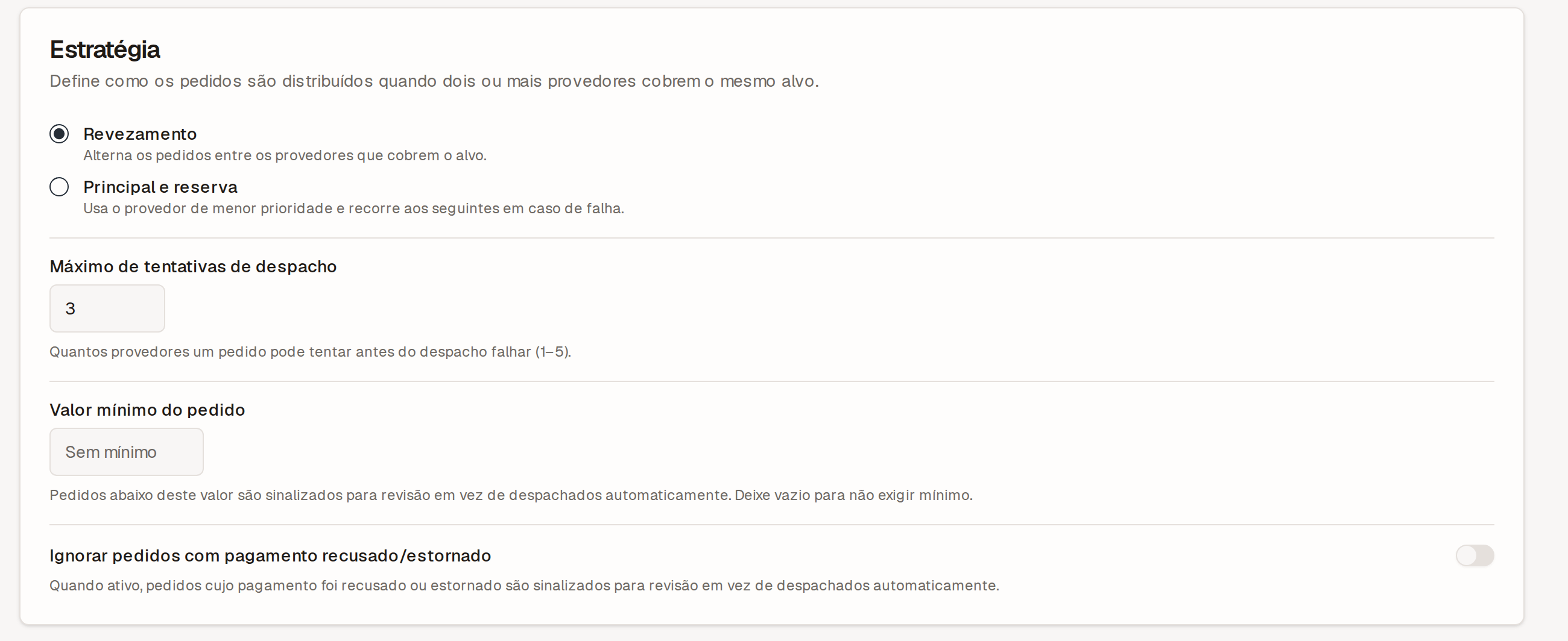 Configuração da estratégia de entrega no painel, com as opções Revezamento e Principal e reserva