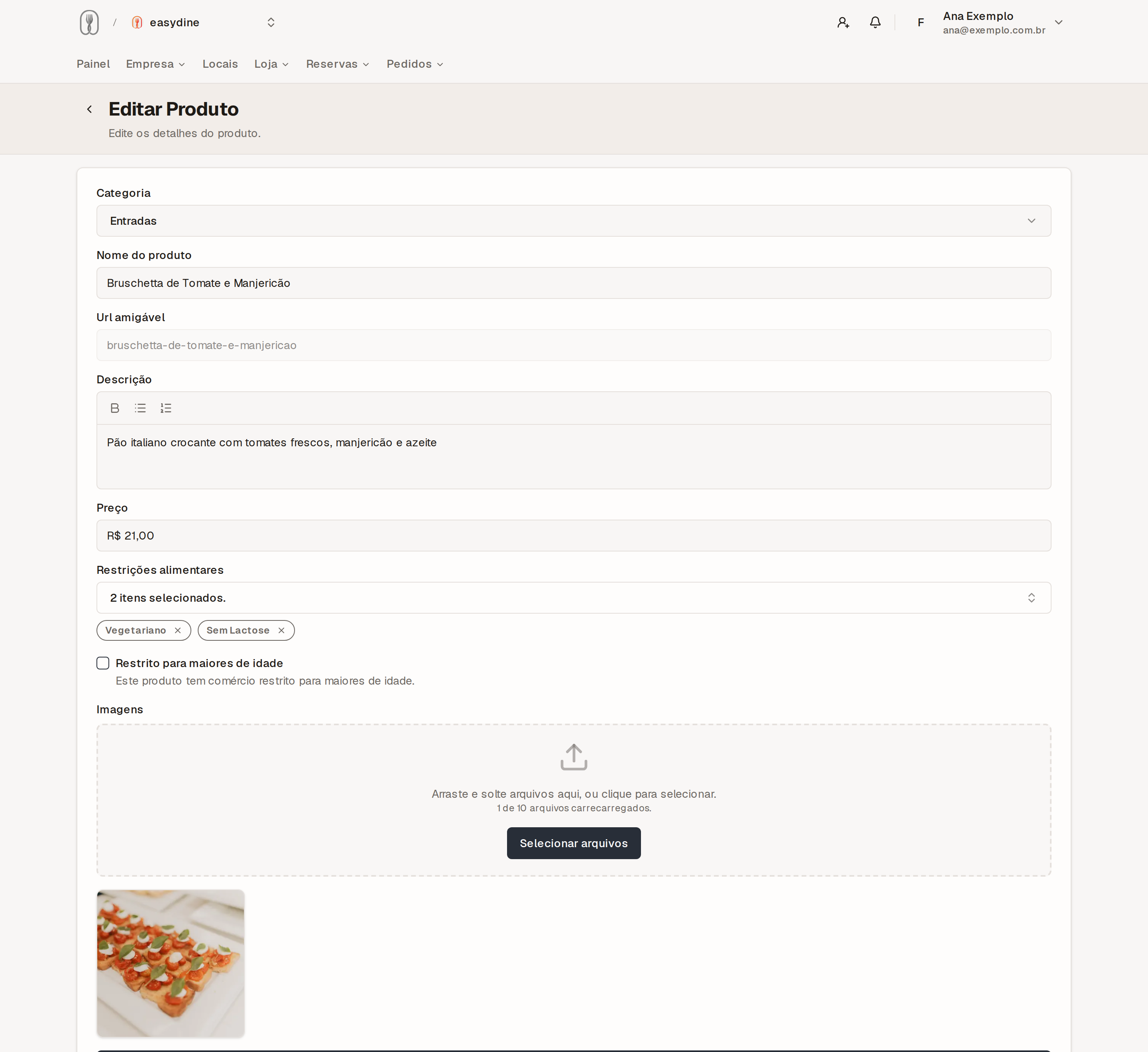 Formulário de edição de produto no painel com categoria, nome, descrição, preço, os selos de restrição alimentar e a foto do prato