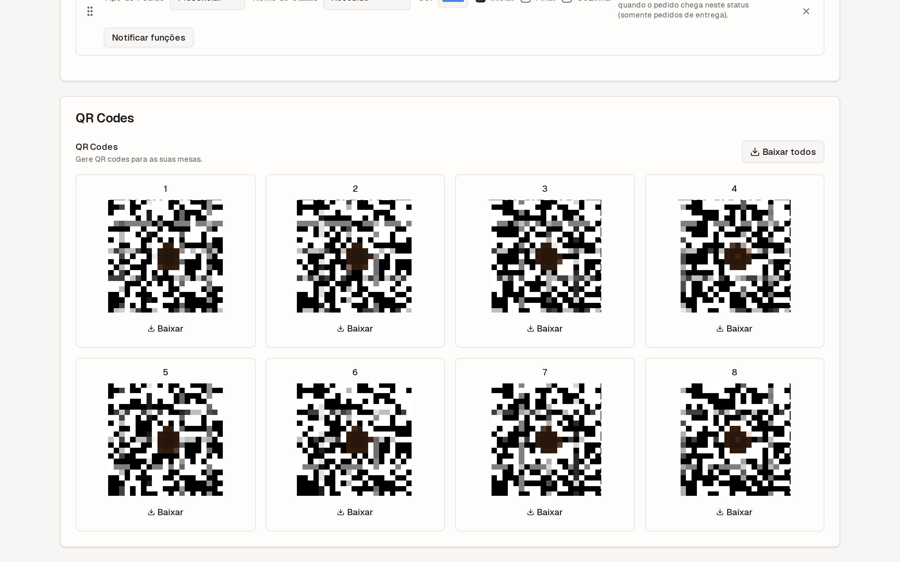 Pedidos → Configurações com os QR codes das mesas e os botões de baixar um por um ou todos de uma vez