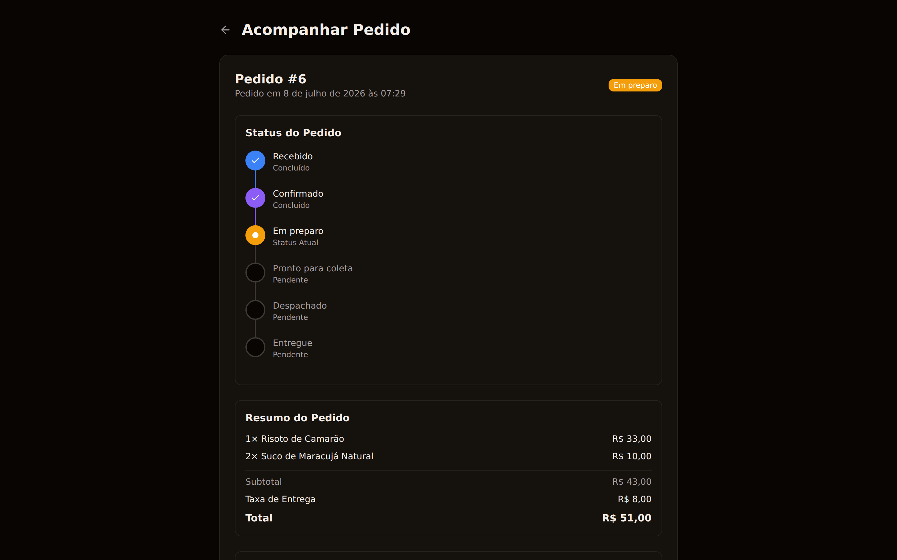 Resumo da taxa de entrega na página do pedido, como o cliente vê