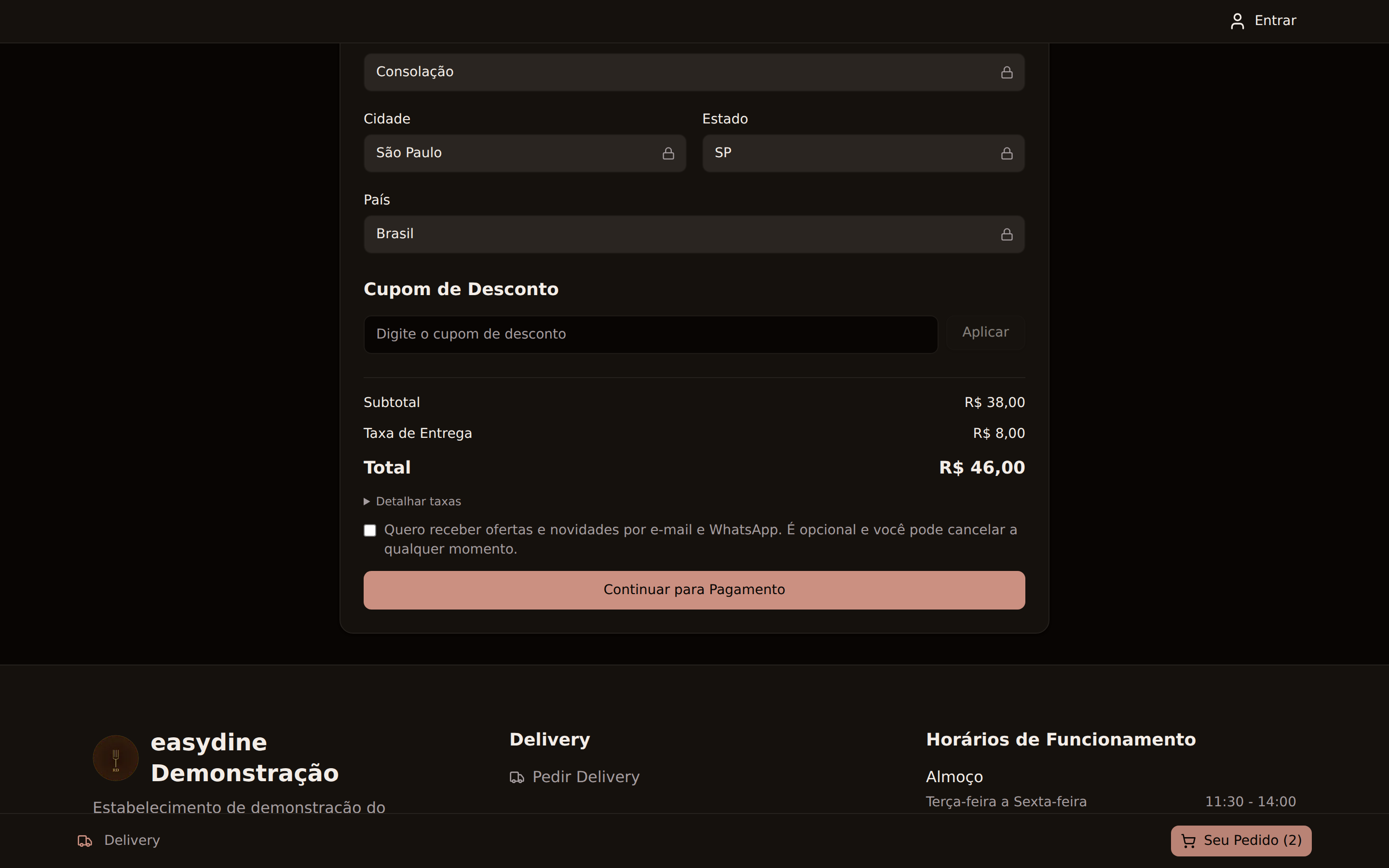Delivery checkout on the online store with the address filled in and the summary showing the delivery fee