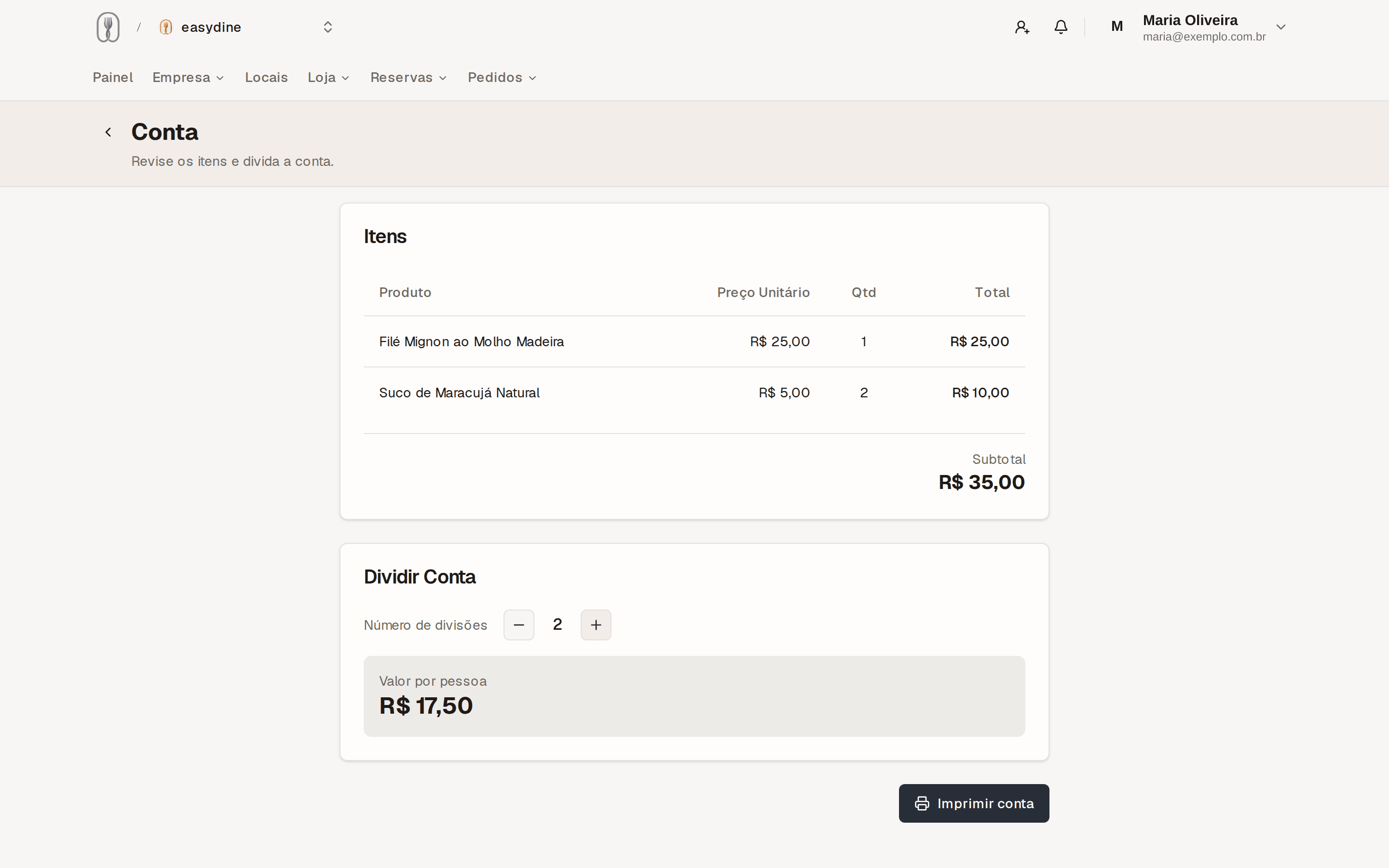 Open Tables with a table bill open and the split-per-person option