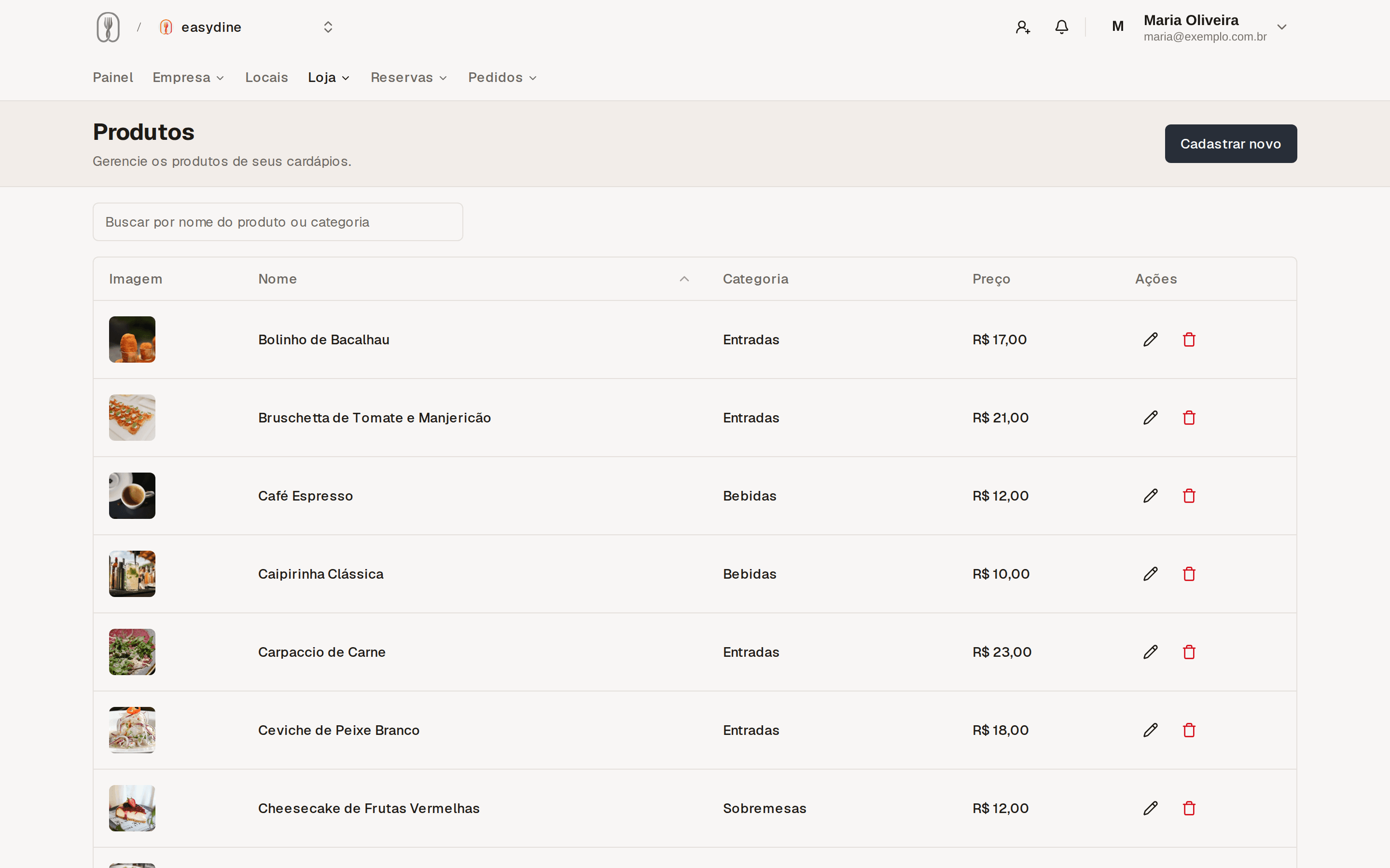 Store → Products list in the dashboard with photos, prices and categories