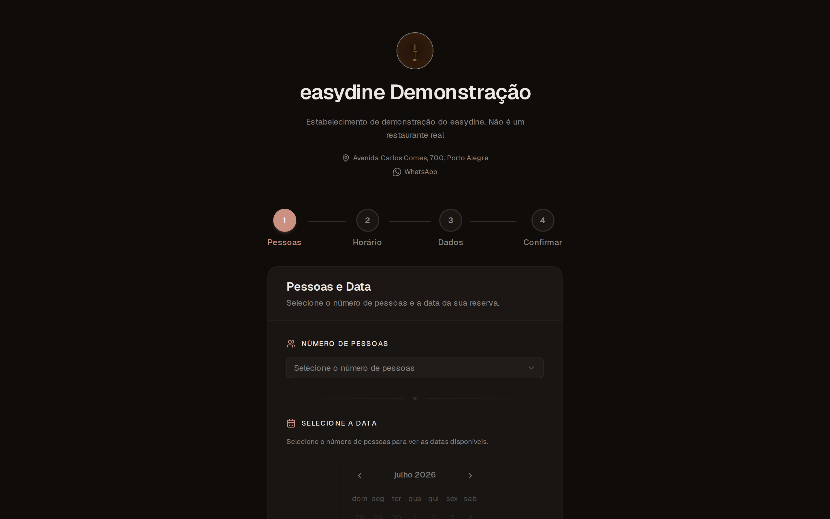 First step of an online reservation: choosing party size and date