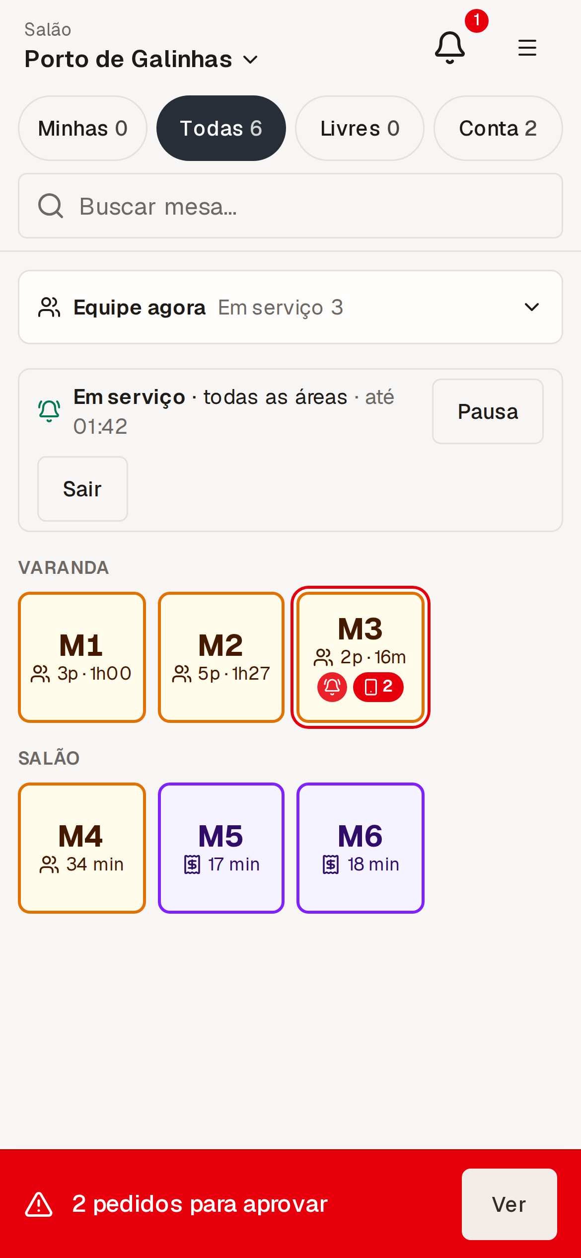 The dining room on a phone: the table map split into two areas, with occupied tables, table M3 calling the waiter with orders to approve, and two tables that asked for the bill